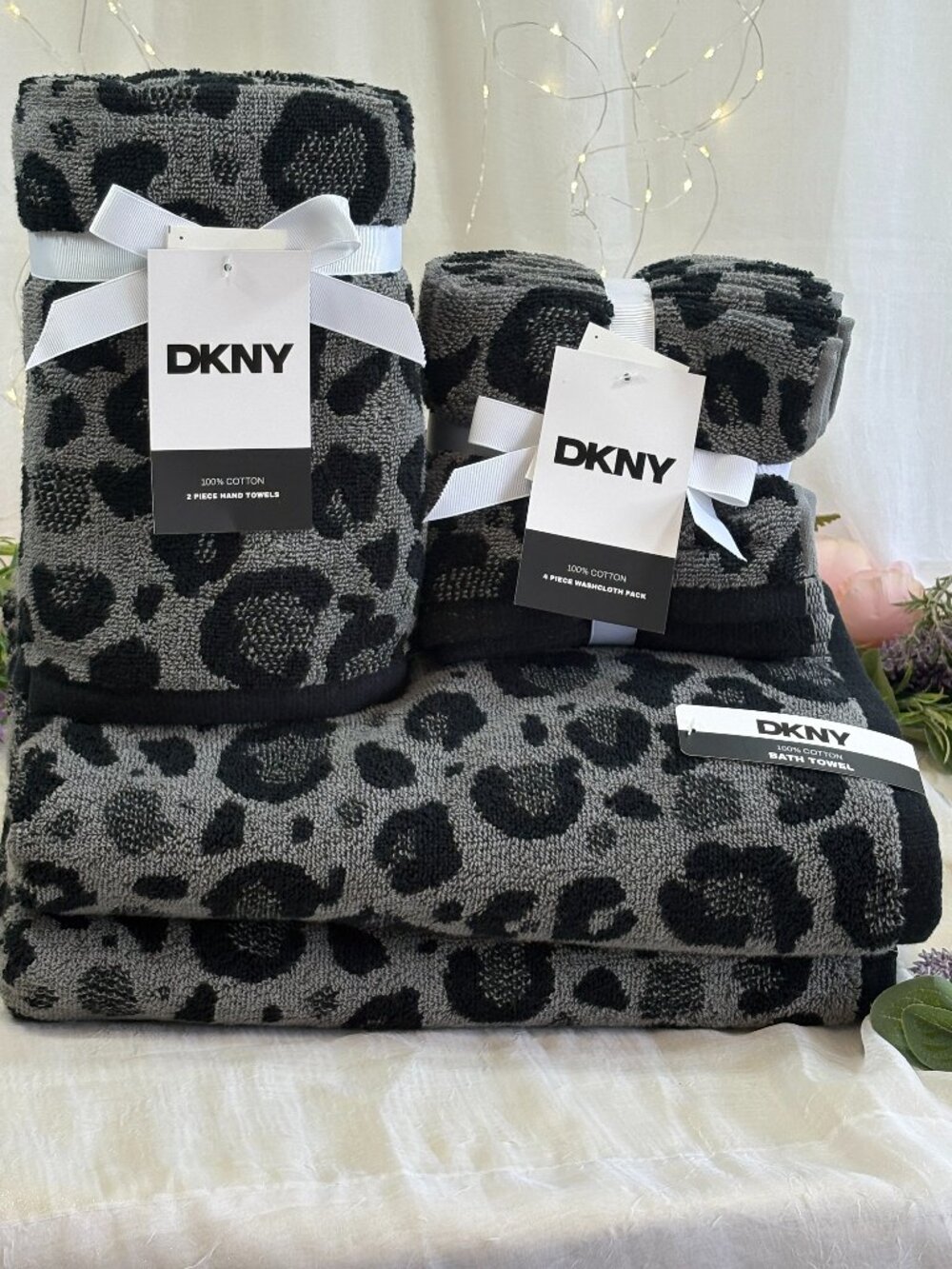 DKNY Leopard Print Black Gray Bath Hand Towels Washcloth 8 Pc Set New